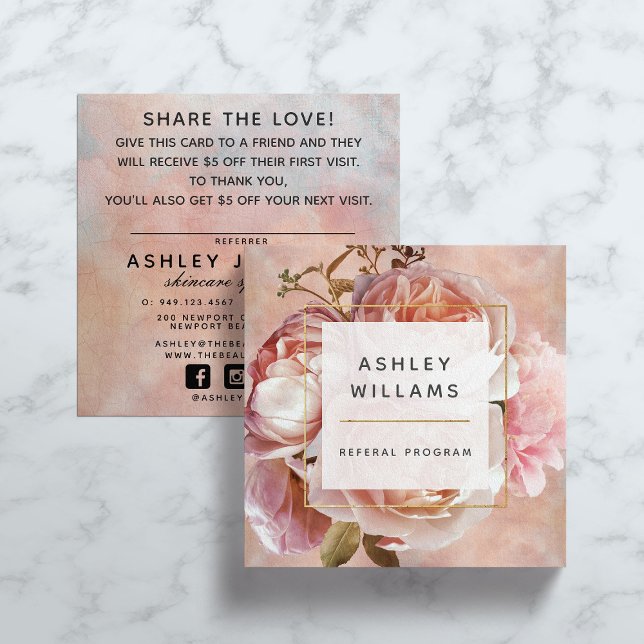 Moderne Rosa Rose & Peony Elegant Referenz Quadratische Visitenkarte (Von Creator hochgeladen)