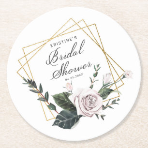 Moderne rosa Rosen-Blumen-Goldrahmen-Brautparty Runder Pappuntersetzer