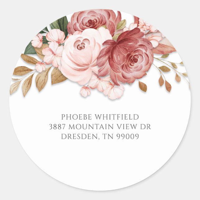 Moderne rosa Rosen florale rustikale botanische Runder Aufkleber (Vorderseite)