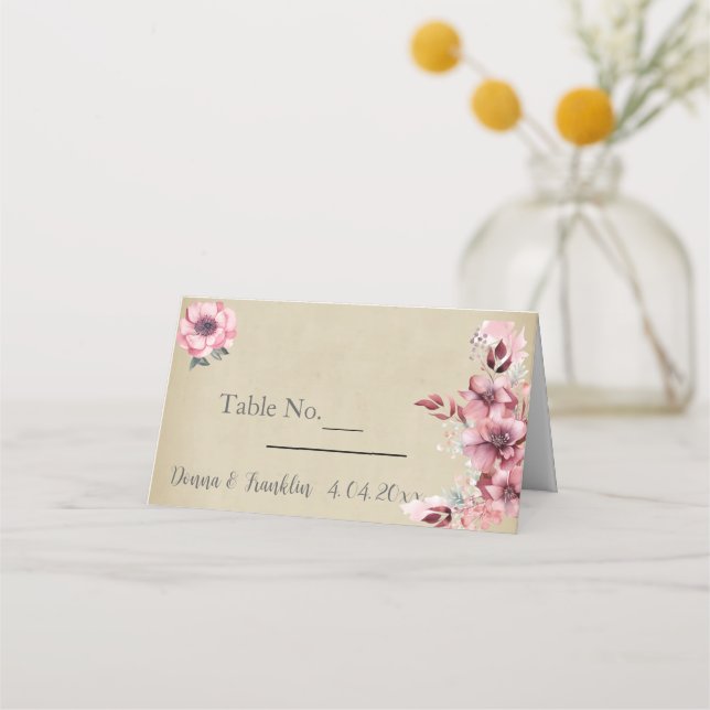 Moderne rosa Rosenhochzeit Platzkarte (Vorderseite)