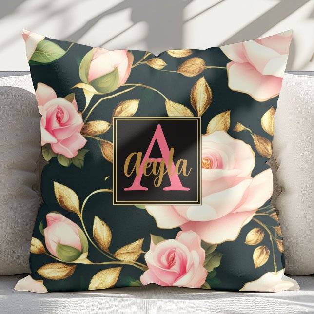 Moderne rosa Roses Gold Blätter Monogram Kissen (Von Creator hochgeladen)