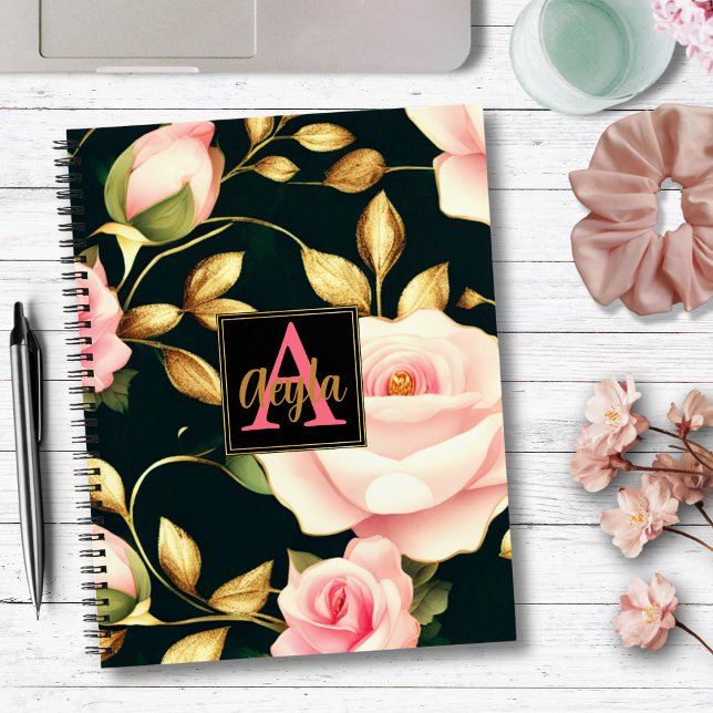 Moderne rosa Roses Gold Blätter Monogram Notizbuch (Von Creator hochgeladen)