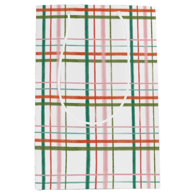 Moderne, rosa, rote, grüne Karierte Handschrift Mittlere Geschenktüte (Vorderseite)