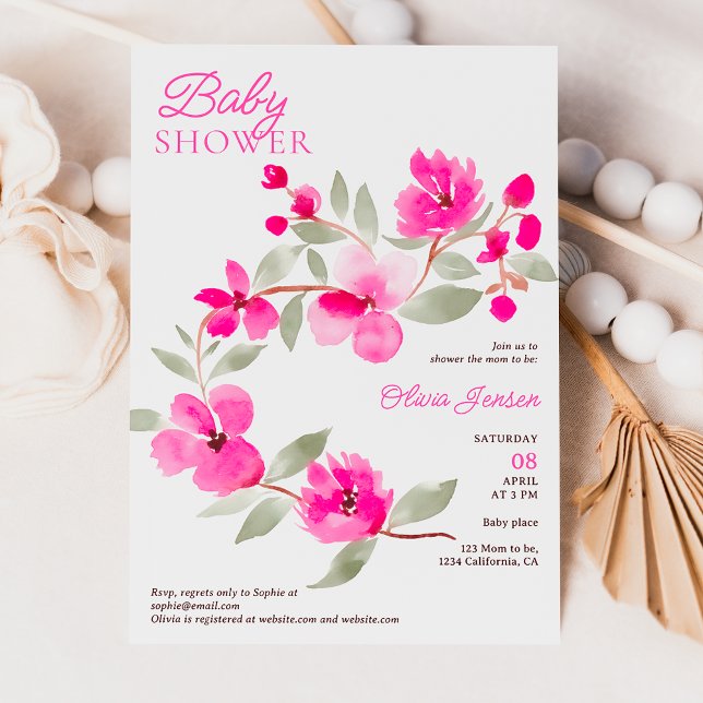 Moderne rosa Sakura florfarbene Wasserfarben Babyd Einladung (Modern pink sakura floral watercolor baby shower invitation)