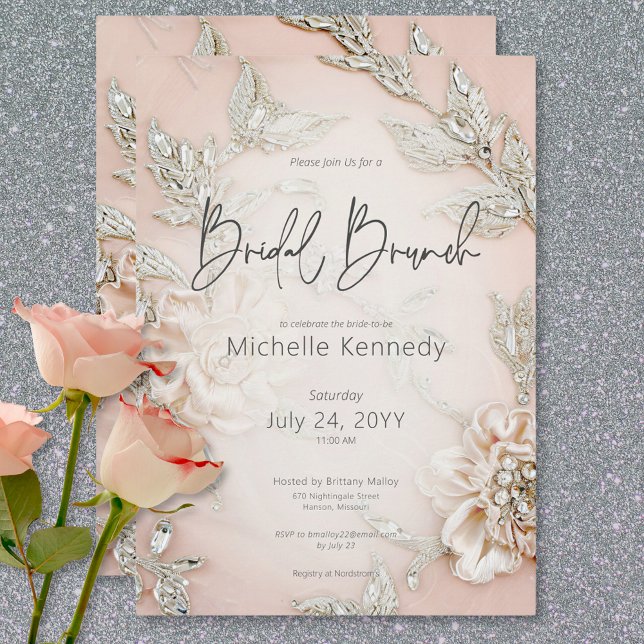 Moderne rosa Satinstickerei & Glam Bridal Brunch Einladung (Modern Pink Satin Embroidery & Glam Bridal Brunch Invitation)