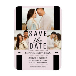 Moderne Rosa "Save the Date" 3-Foto-Hochzeitseinla Magnet