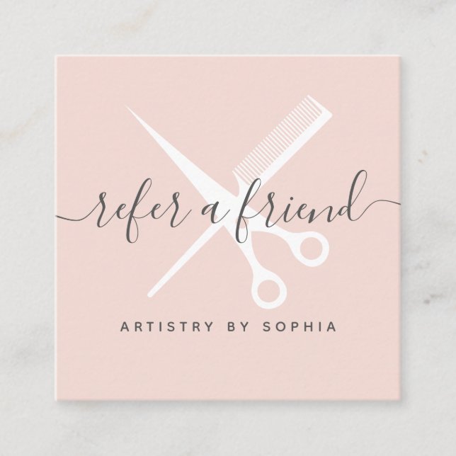 Moderne Rosa-Schere-Schrift bezeichnet einen Freun Empfehlungskarte (Vorderseite)