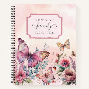 Moderne rosa Schmetterling Wildblumen-Familienreze Notizbuch