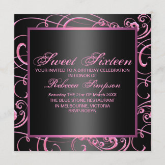 Moderne Rosa/Schwarz Swirl Sweet 16. Geburtstag Ei Einladung