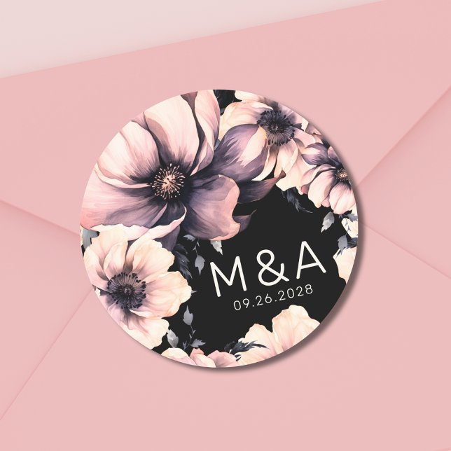 Moderne rosa Schwarze Flora Hochzeit Runder Aufkleber (Modern Elegant Boho Pink Black Floral Wedding Classic Round Sticker)