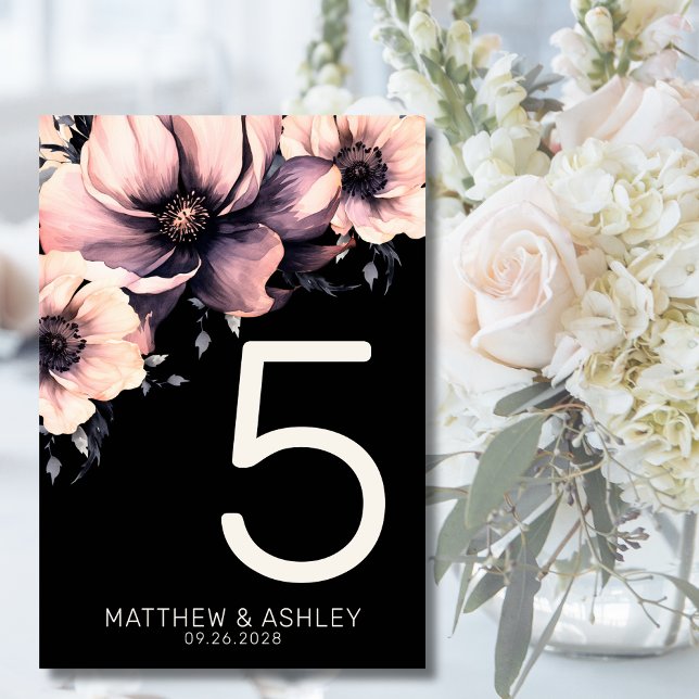 Moderne rosa Schwarze Flora Hochzeit Tischnummer (Unique Modern Boho Pink Black Floral Wedding Table Number)