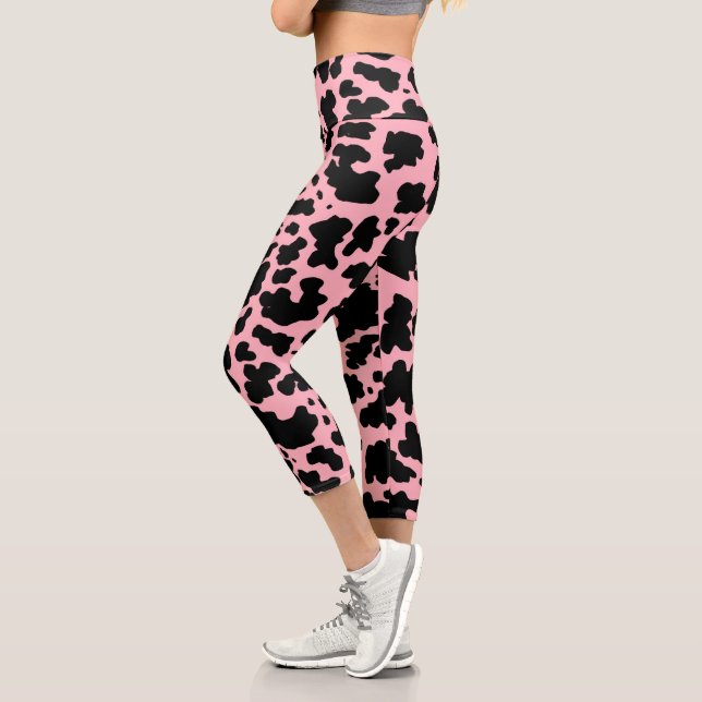 Moderne rosa schwarze Kuh Spots Print Cowgirl Capri Leggings (Links)