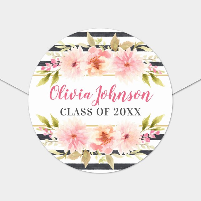 Moderne rosa, schwarze Streifen mit floralen Strei Runder Aufkleber (Von Creator hochgeladen)