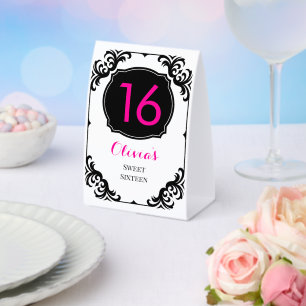 Moderne rosa schwarze Sweet 16 personalisiert Tischaufsteller