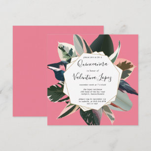 Moderne rosa schwarze tropische Quinceanera Einlad Einladung