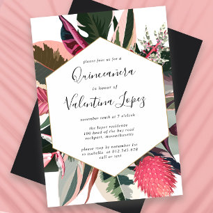Moderne rosa schwarze tropische Quinceanera Einladung