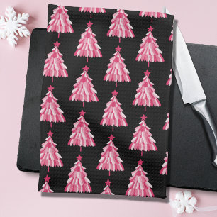Moderne rosa-schwarze Weihnachtsbaum-Muster Geschirrtuch
