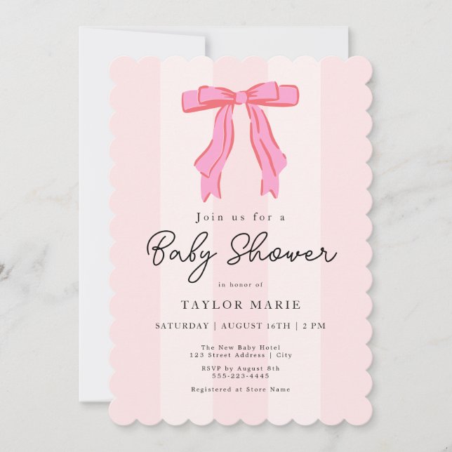 Moderne rosa Streifen Coquette Bow Babydusche Einladung (Vorderseite)