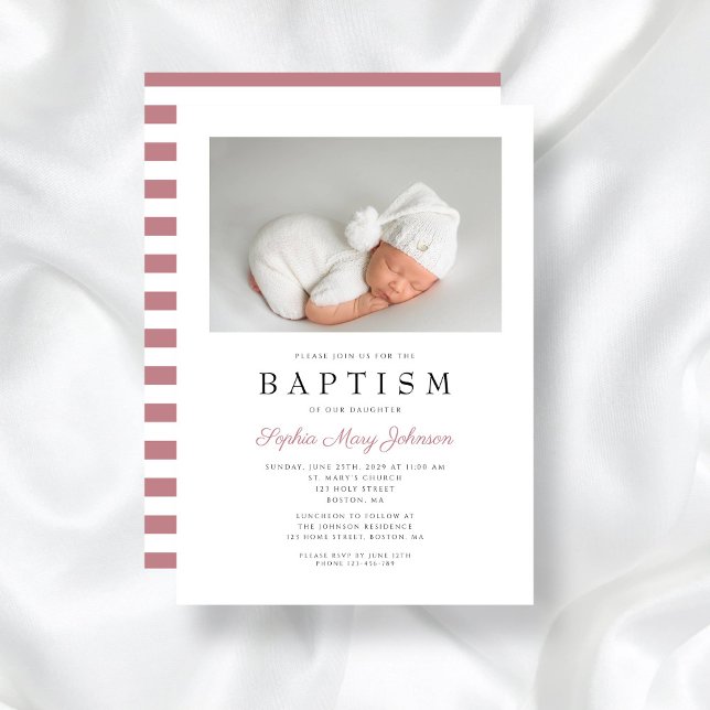 Moderne rosa Streifen Elegantes Foto Einladung (Modern Pink Stripes Elegant Girl Baptism Photo Invitation)