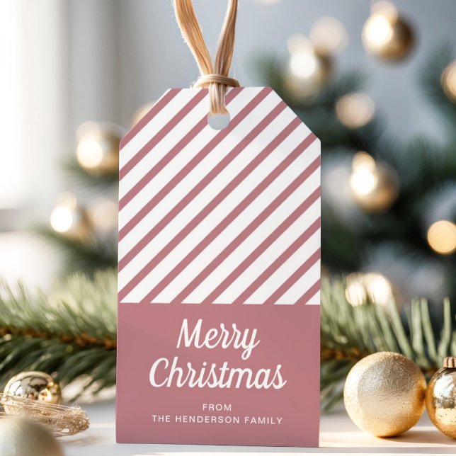 Moderne rosa Streifen Frohe Weihnachten Geschenkanhänger (Modern Dusty Pink Stripes Merry Christmas Gift Tags)