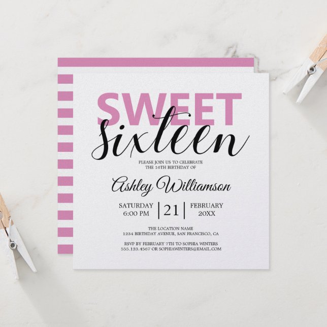 Moderne rosa Streifen Rosa Sweet 16 Einladung (Vorderseite/Rückseite Beispiel)