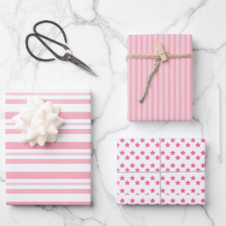 Moderne rosa Streifen und Sterne Weihnachten Geschenkpapier Set