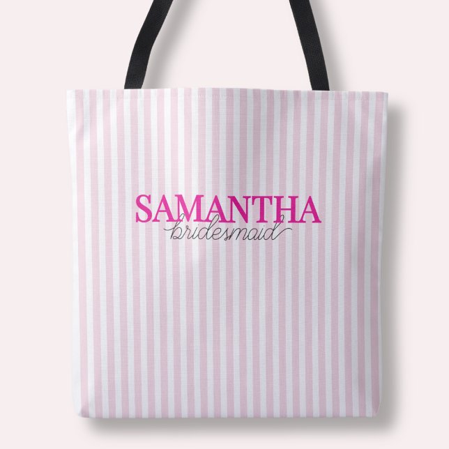 Moderne rosa Strickschrift Personalisierte Bridesm Tasche (Modern Pink Striped Script Personalized Bridesmaid Tote Bag)