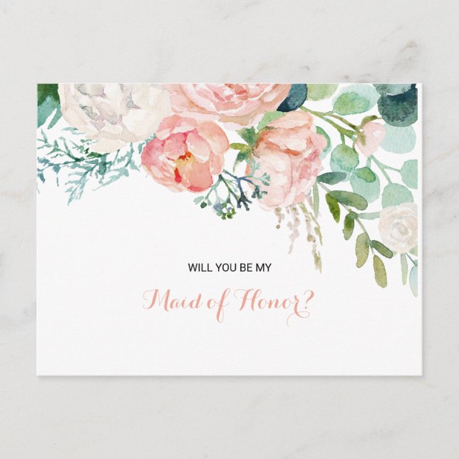 Moderne rosa Trauzeugin mit tropischen Blumen Einladungspostkarte (Vorderseite)