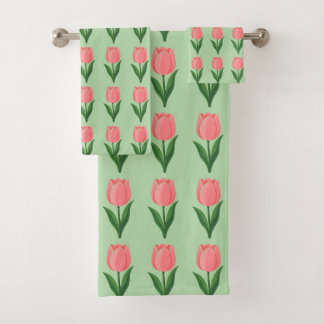 Moderne rosa Tulpenblumenmuster auf hellgrün Badhandtuch Set