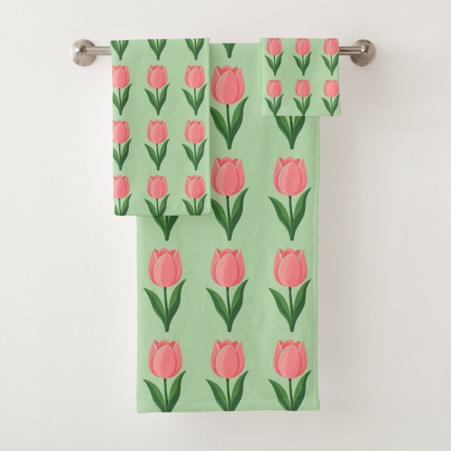 Moderne rosa Tulpenblumenmuster auf hellgrün Badhandtuch Set (Insitu)