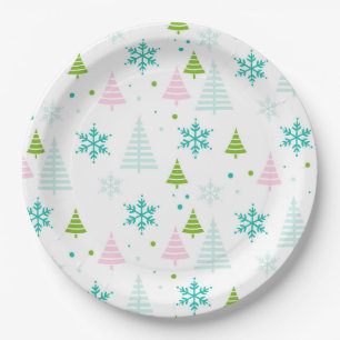 Moderne rosa türkisfarbene grüne Weihnachtsbäume  Pappteller
