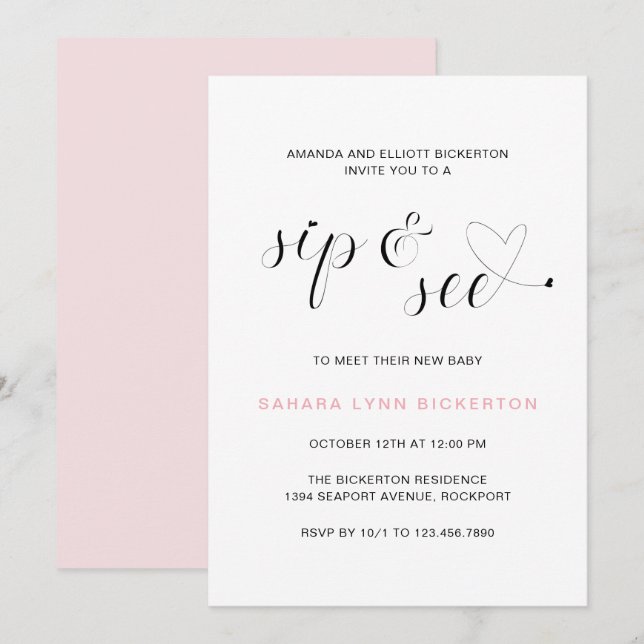 Moderne rosa Typografie Girl Sip & See Einladung (Vorne/Hinten)