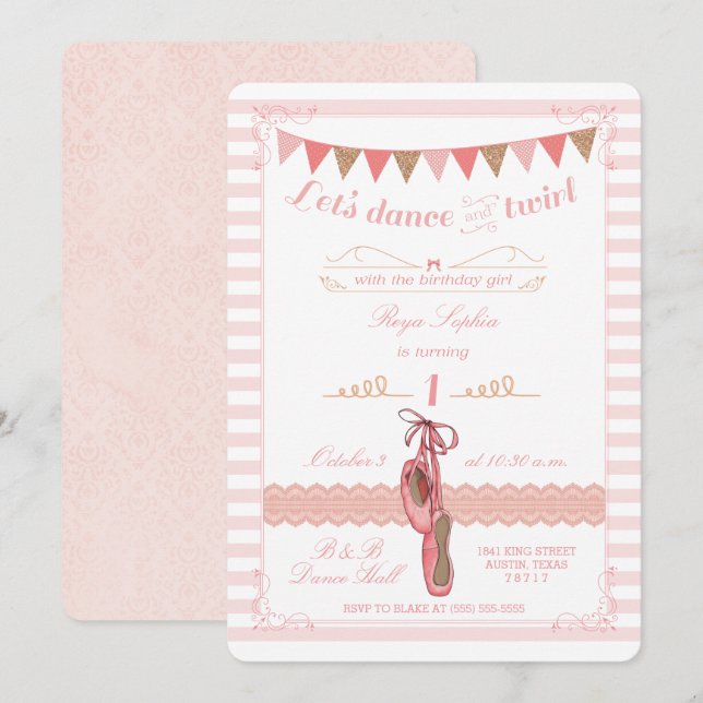 Moderne Rosa und Gold Ballerina Einladung zum Gebu (Vorne/Hinten)