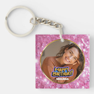 Moderne rosa und goldene Glitter-Foto-Name-Geburts Schlüsselanhänger