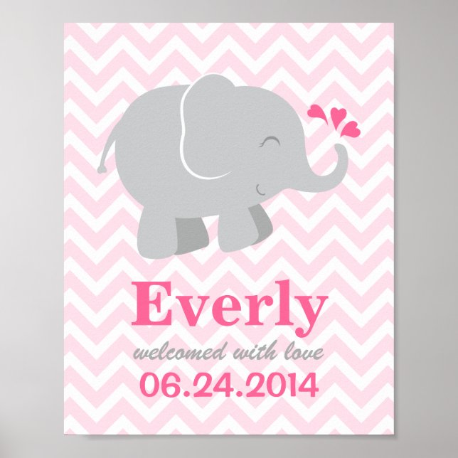 Moderne rosa und graue Elefant Custom Monogram Poster (Vorne)