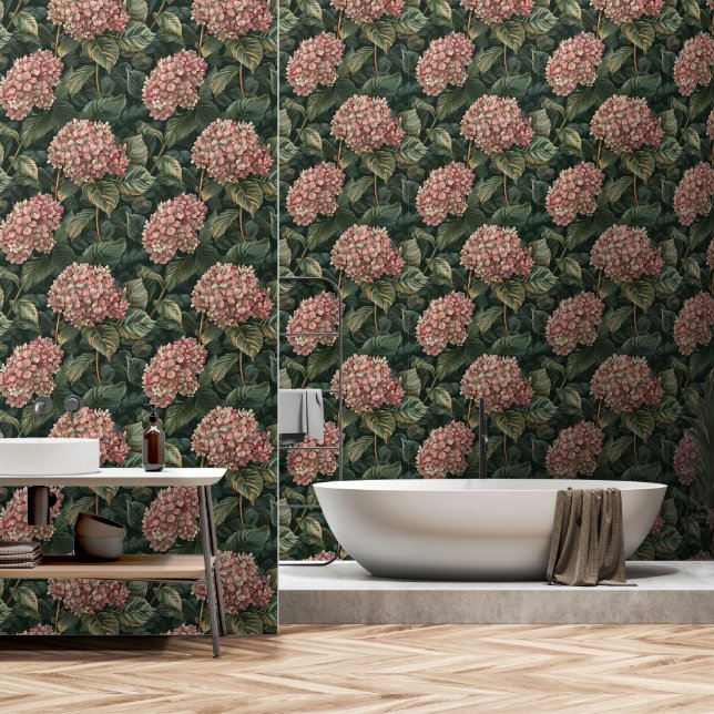 Moderne rosa und grüne Hydrangea-Peel Tapete (Badezimmer)