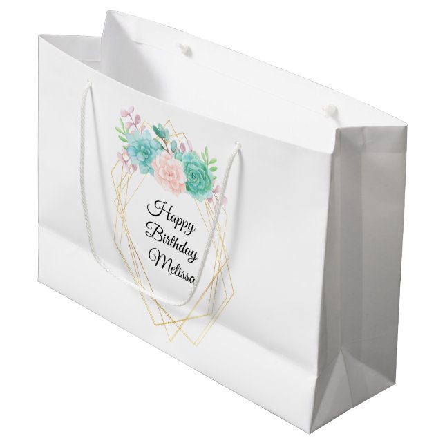 Moderne rosa und grüne Sukkulationen Wasserfarbe G Große Geschenktüte (Vorderseite Schrägansicht)