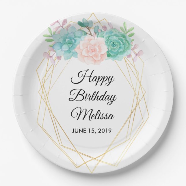 Moderne rosa und grüne Sukkulationen Wasserfarbe G Pappteller (Vorderseite)