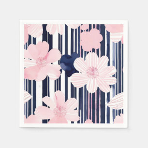 Moderne rosa und navy-florale Streifen Serviette