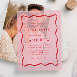 Moderne Rosa- und Rot-Wavy-Rahmen-Hochzeit<br><div class="desc">Die Hochzeitsveranstaltung in zeitgenössischem Rosa und Rot-Wavy-Rahmen, in der sich Boho-Stil und Retro-Charme zu einer perfekten Feier der Liebe vereinen. Die kühnen roten Schriftzüge tanzen über den weichen, rosafarbenen Vellumhintergrund, gerahmt durch ein Vintag inspiriert, welliges Design, das Ihnen eine nostalgische und moderne Eleganz zu einem besonderen Tag verhilft. Personalisieren Sie...</div>