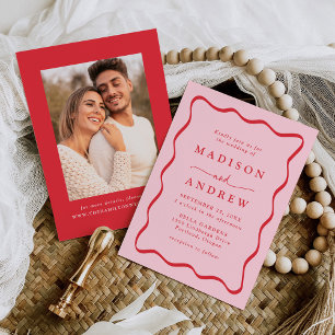 Moderne Rosa und Rote Wellige Rahmen-Foto-Hochzeit Einladung