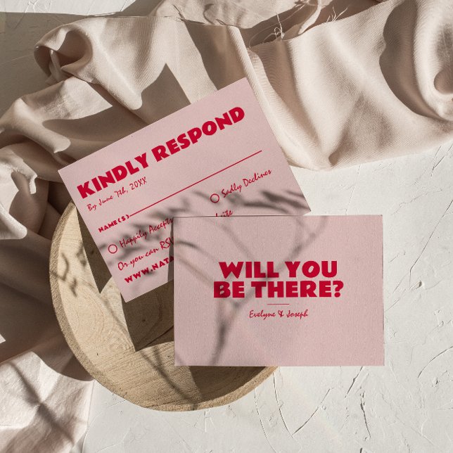 Moderne rosa und roter Retro Spaß kühne einzigarti RSVP Karte (Von Creator hochgeladen)