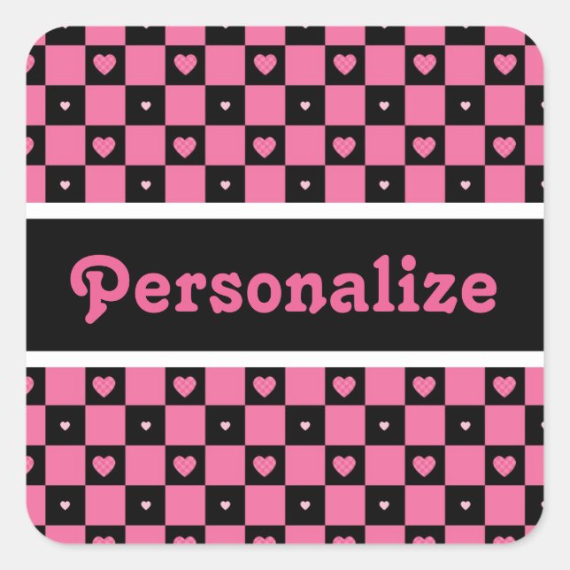Moderne rosa und schwarz karierte Herzen mit Namen Quadratischer Aufkleber (Vorderseite)