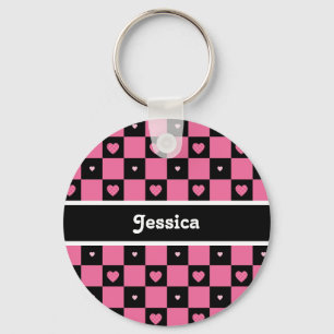 Moderne rosa und schwarz karierte Herzen mit Namen Schlüsselanhänger