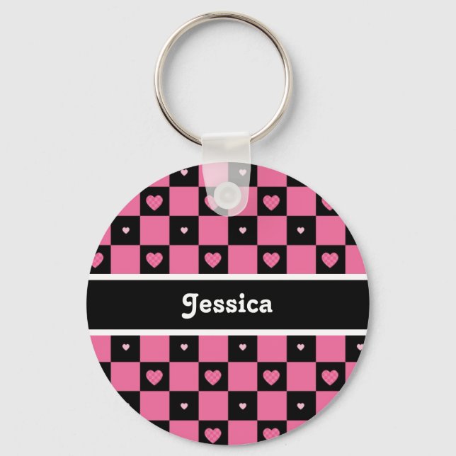 Moderne rosa und schwarz karierte Herzen mit Namen Schlüsselanhänger (Vorderseite)
