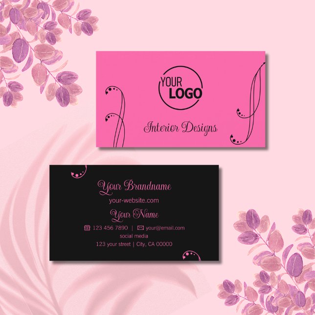 Moderne Rosa und Schwarz mit Verzierten Logos Visitenkarte (Von Creator hochgeladen)