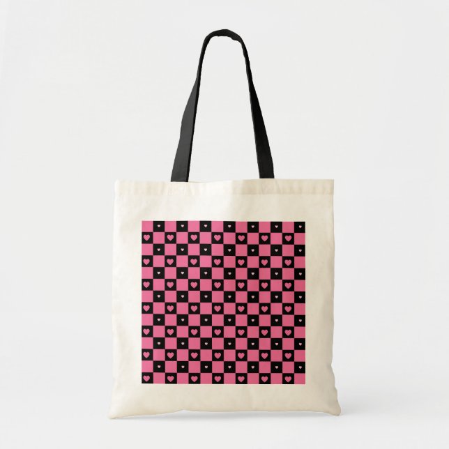 Moderne rosa und schwarze Schachbrett Muster Girly Tragetasche (Vorne)