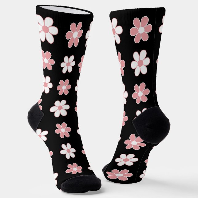 Moderne rosa und weiße Blume auf schwarzen Socken (Gewinkelt)