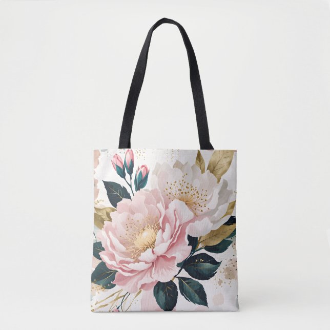 Moderne rosa und weiße Blume Grün- und Goldfolien Tasche (Vorderseite)