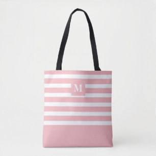 Moderne rosa und weiße Streifen mit Monogramm Tasche